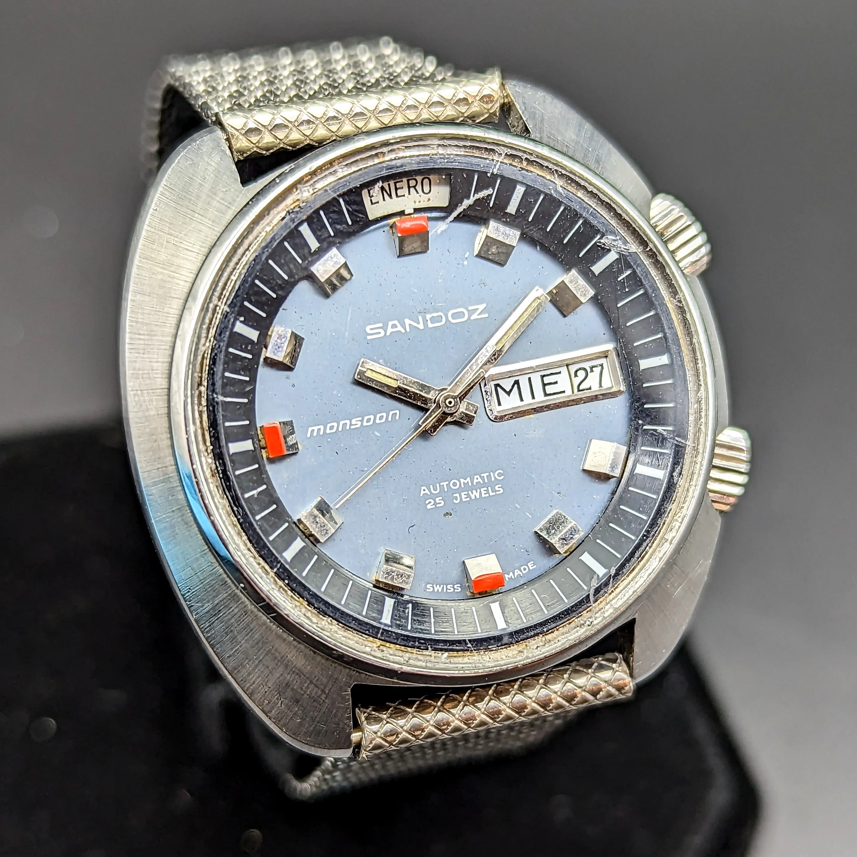 1970s SANDOZ Monsoon Automatic Watch Triple Date Swiss Made Wristwatch