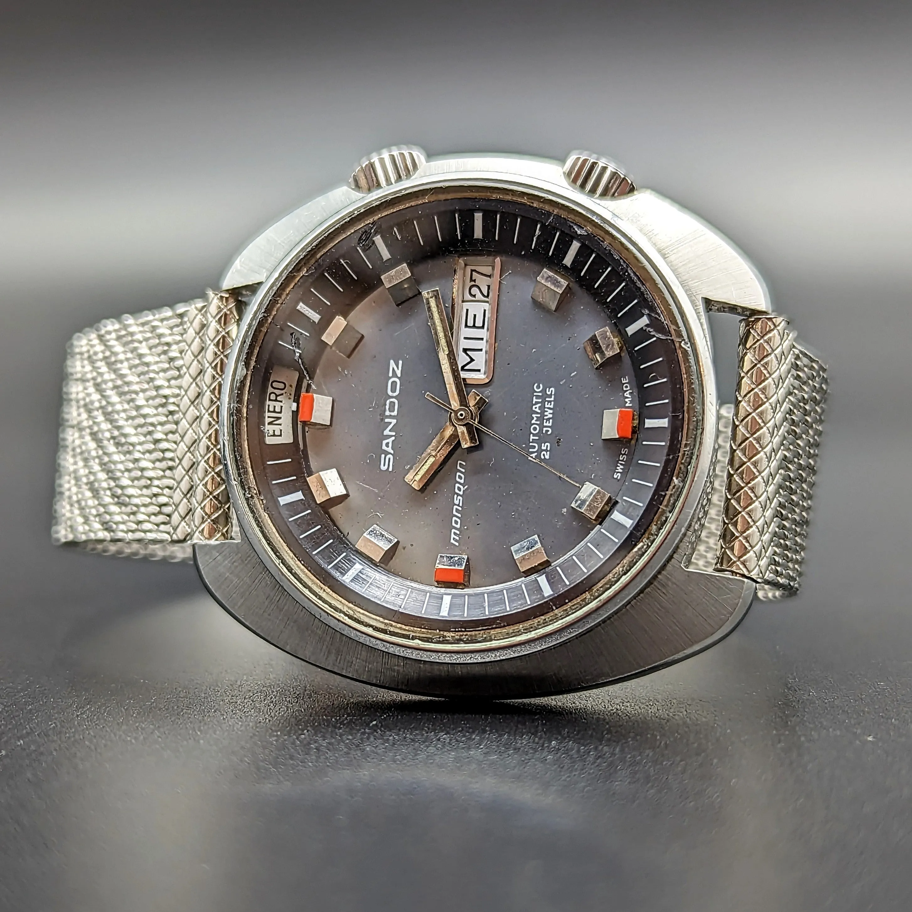 1970s SANDOZ Monsoon Automatic Watch Triple Date Swiss Made Wristwatch
