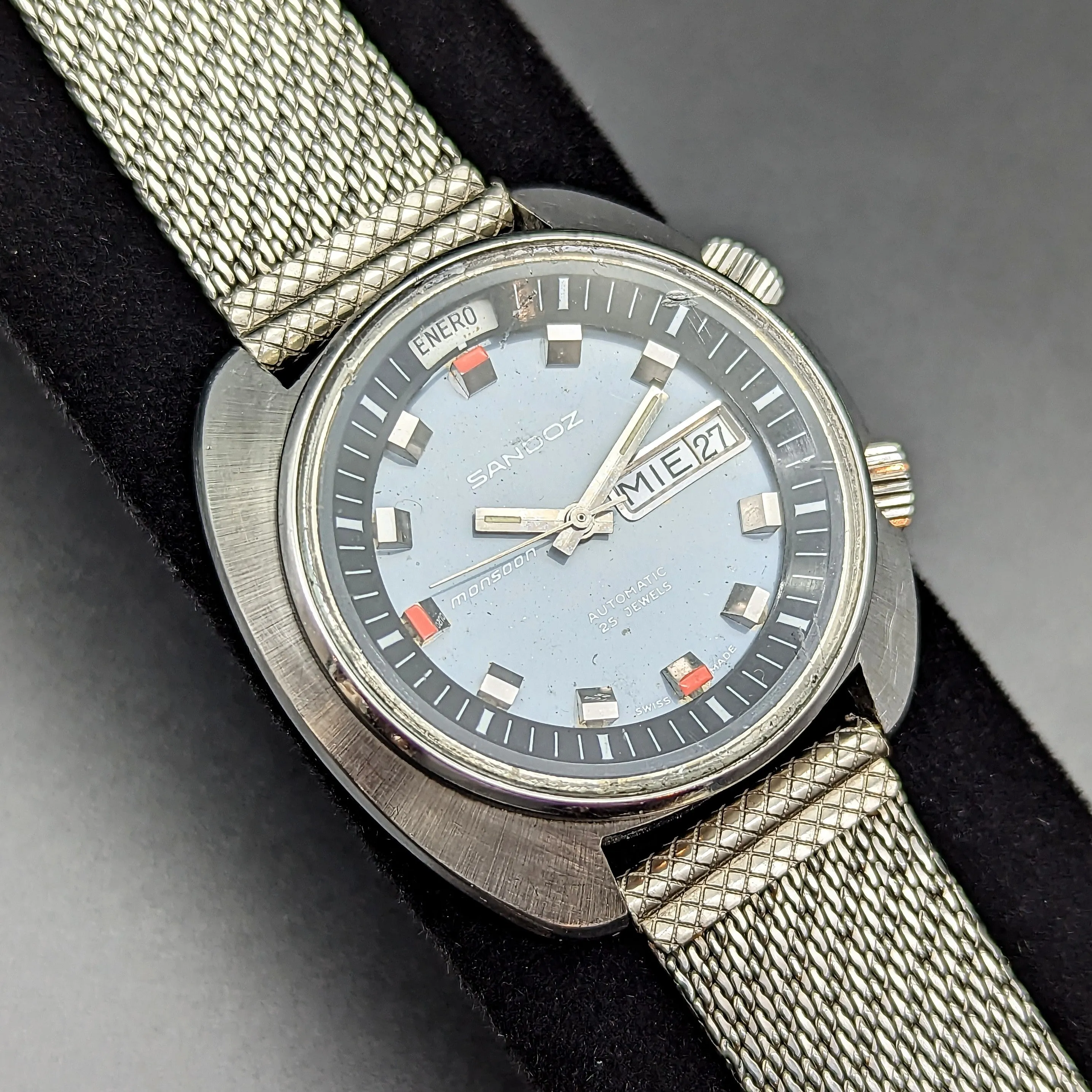 1970s SANDOZ Monsoon Automatic Watch Triple Date Swiss Made Wristwatch
