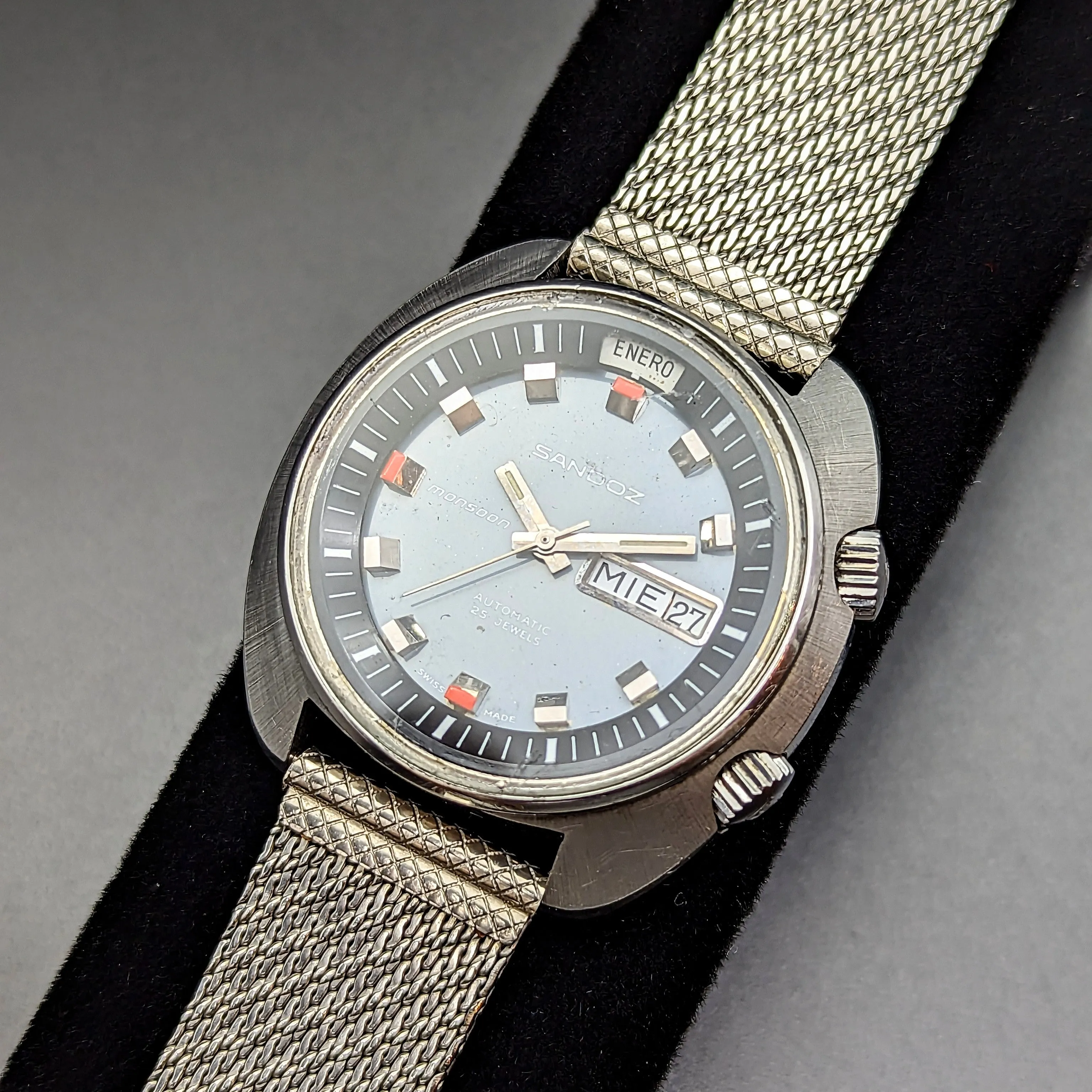 1970s SANDOZ Monsoon Automatic Watch Triple Date Swiss Made Wristwatch