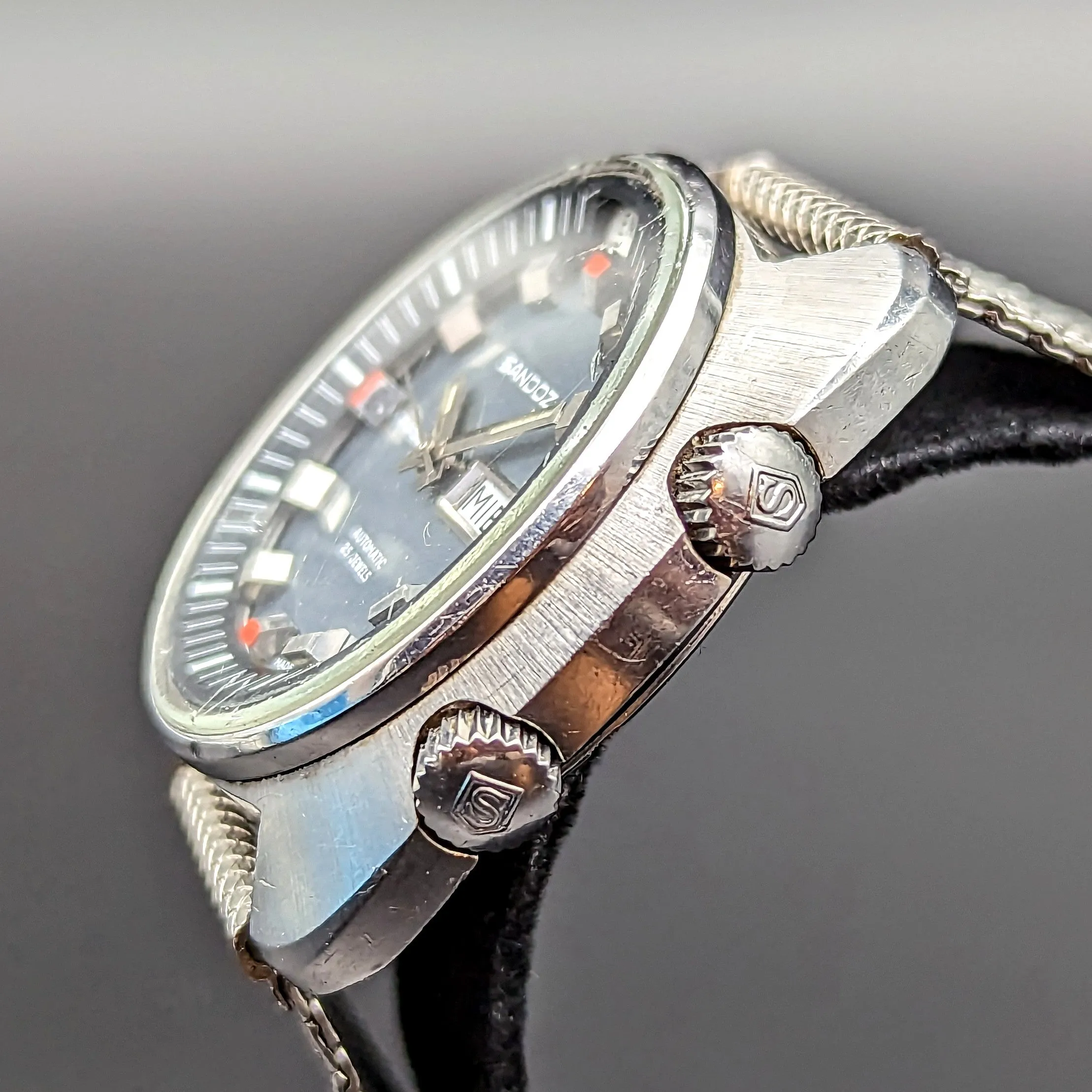 1970s SANDOZ Monsoon Automatic Watch Triple Date Swiss Made Wristwatch