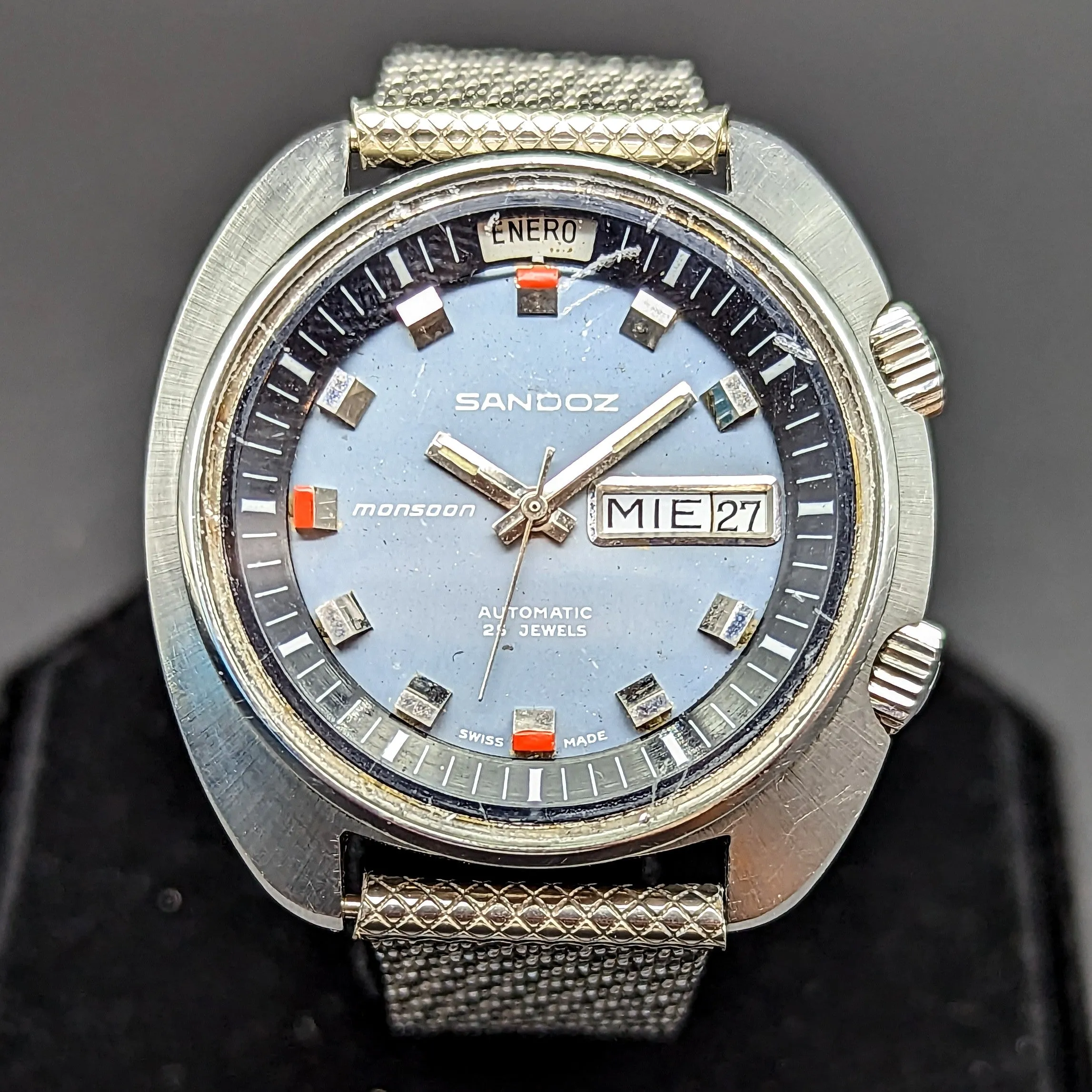 1970s SANDOZ Monsoon Automatic Watch Triple Date Swiss Made Wristwatch