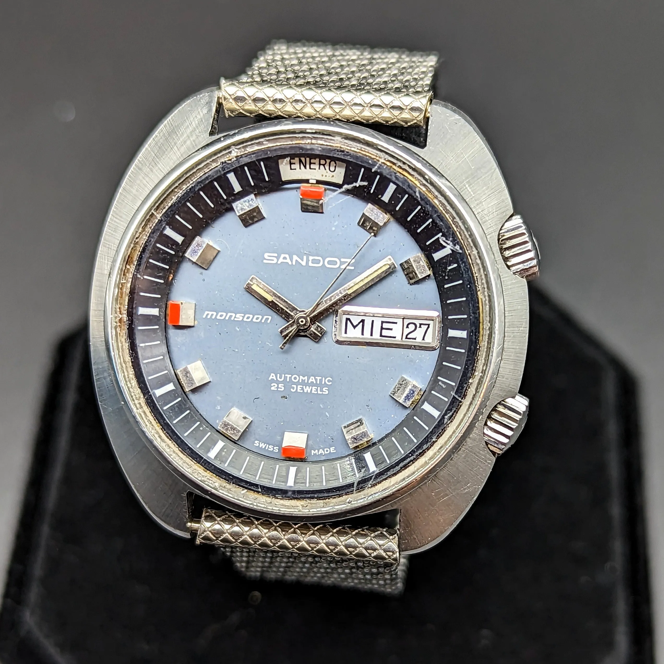 1970s SANDOZ Monsoon Automatic Watch Triple Date Swiss Made Wristwatch