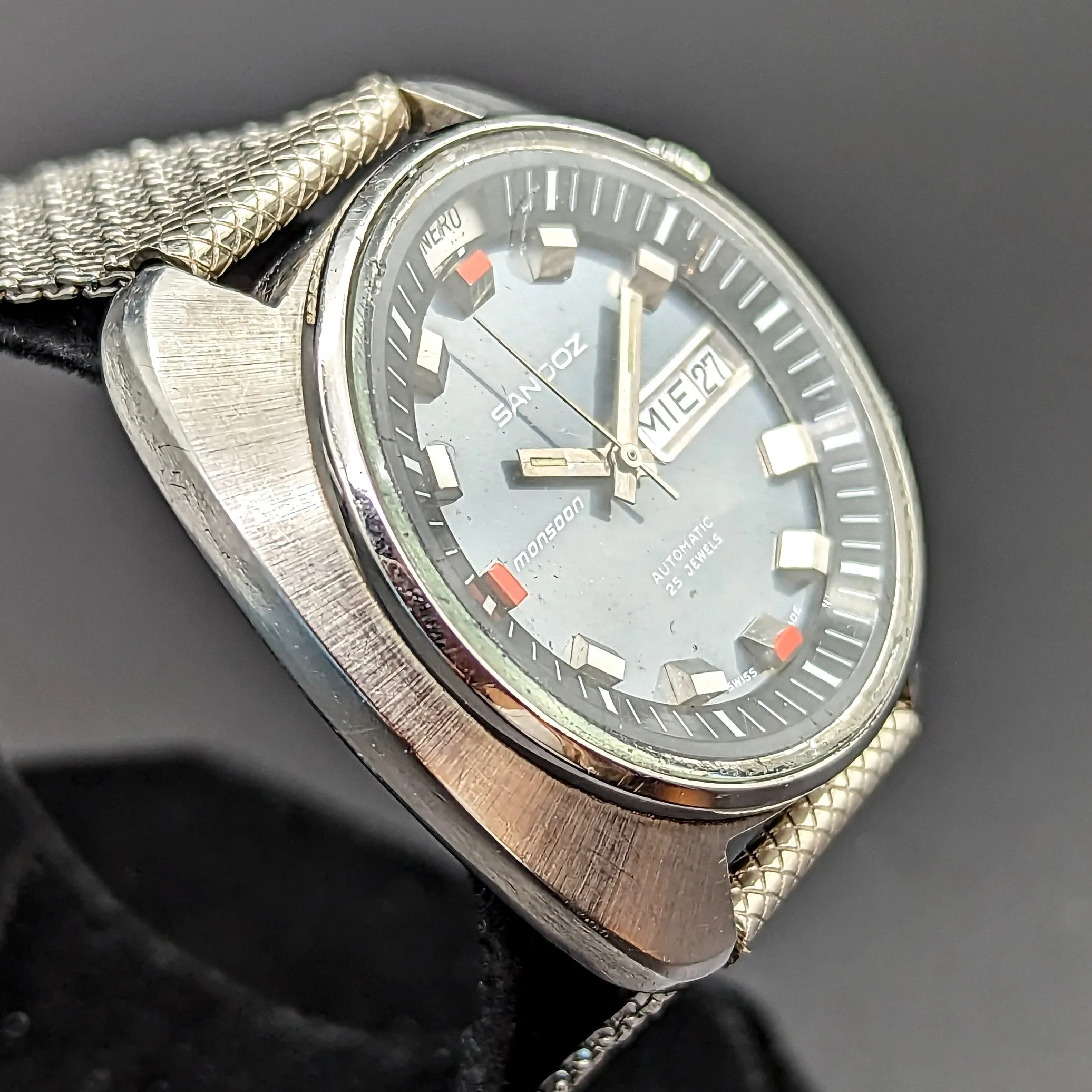 1970s SANDOZ Monsoon Automatic Watch Triple Date Swiss Made Wristwatch