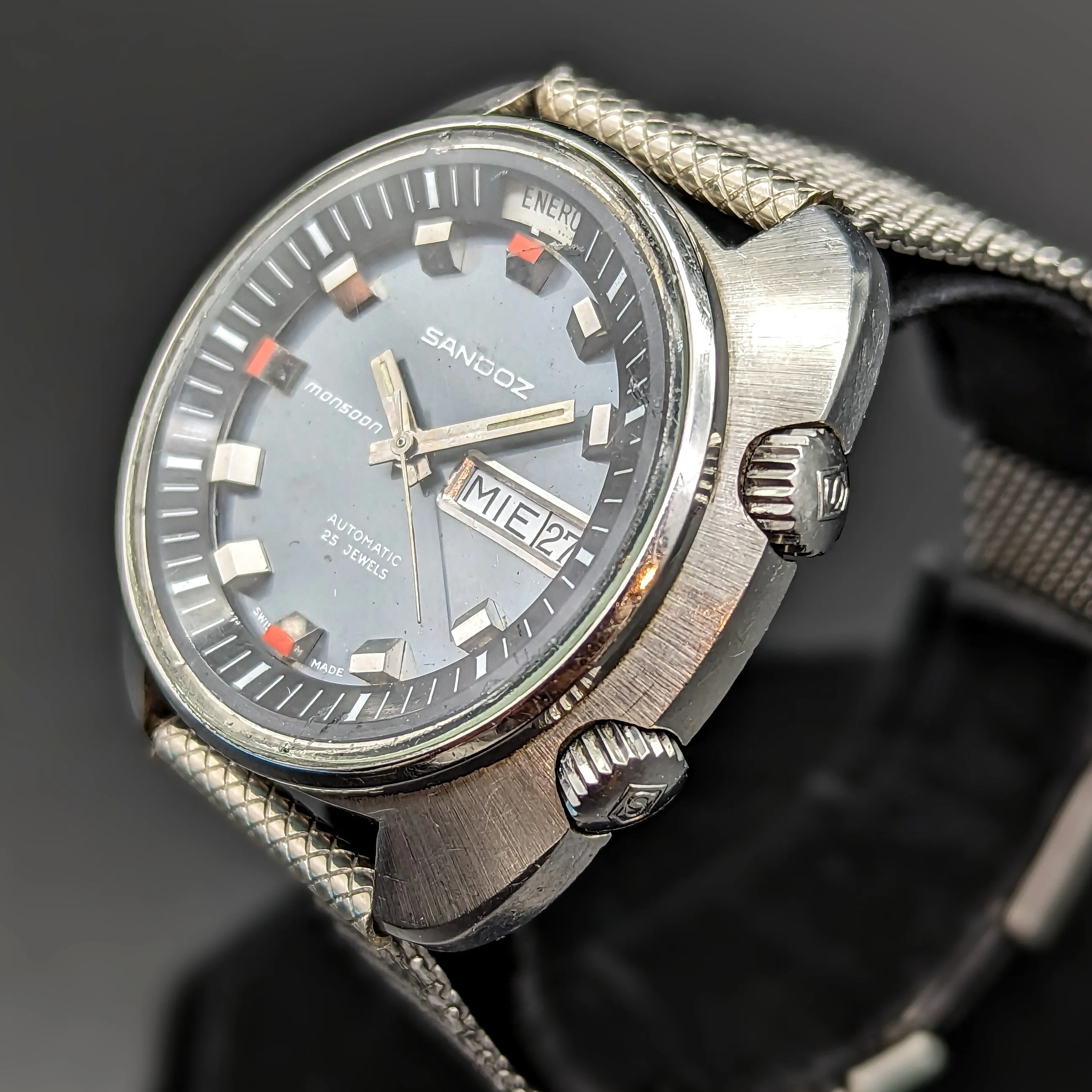 1970s SANDOZ Monsoon Automatic Watch Triple Date Swiss Made Wristwatch