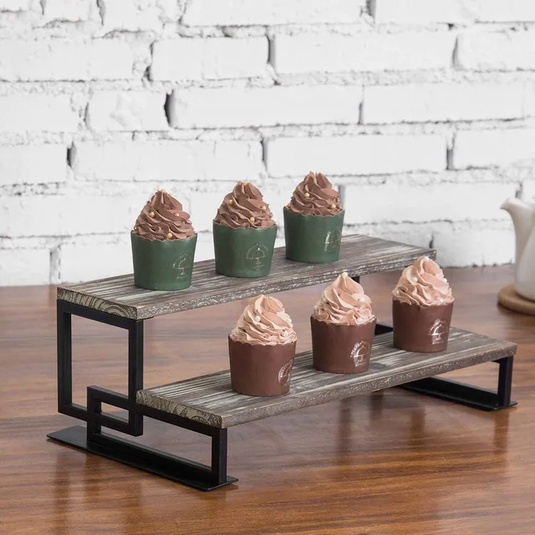 2-Tier Torched Wood and Metal Dessert / Cupcake Display Riser