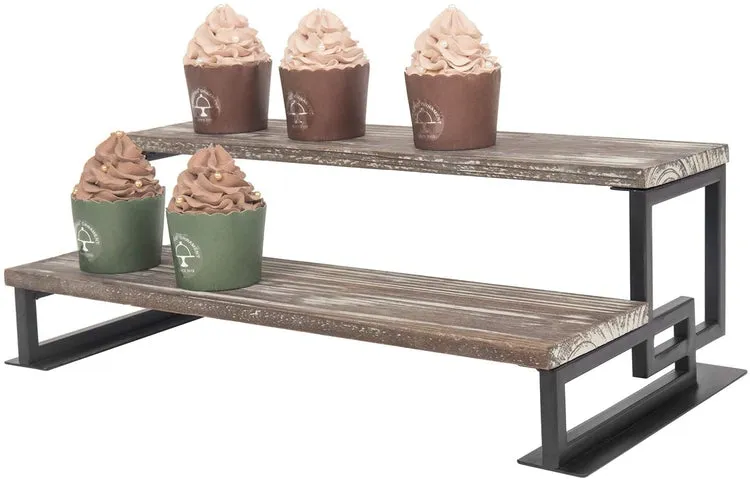 2-Tier Torched Wood and Metal Dessert / Cupcake Display Riser