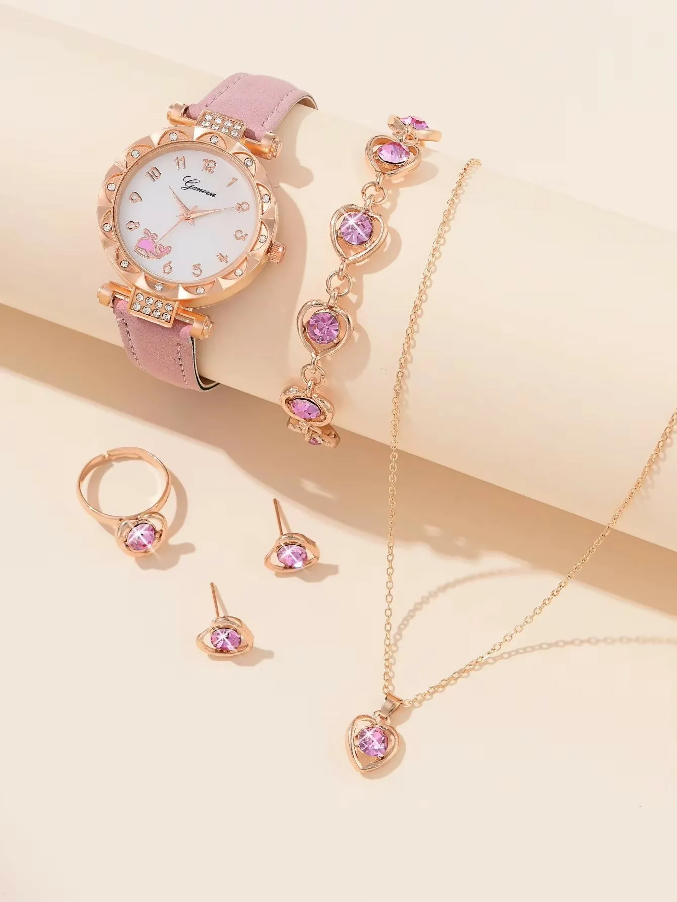5PCS Alloy Lace alloy diamond set leather Whale leather Women's quartz watch with pink diamond necklace bracelet Ring set