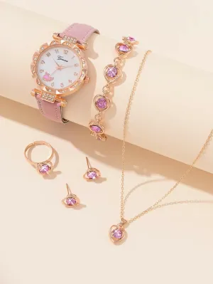 5PCS Alloy Lace alloy diamond set leather Whale leather Women's quartz watch with pink diamond necklace bracelet Ring set