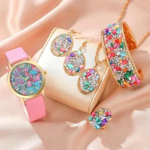 6PCS Set Luxury Watch Women Ring Necklace Earrings Bracelet Watches Set