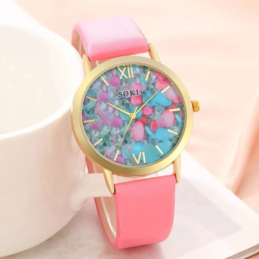 6PCS Set Luxury Watch Women Ring Necklace Earrings Bracelet Watches Set