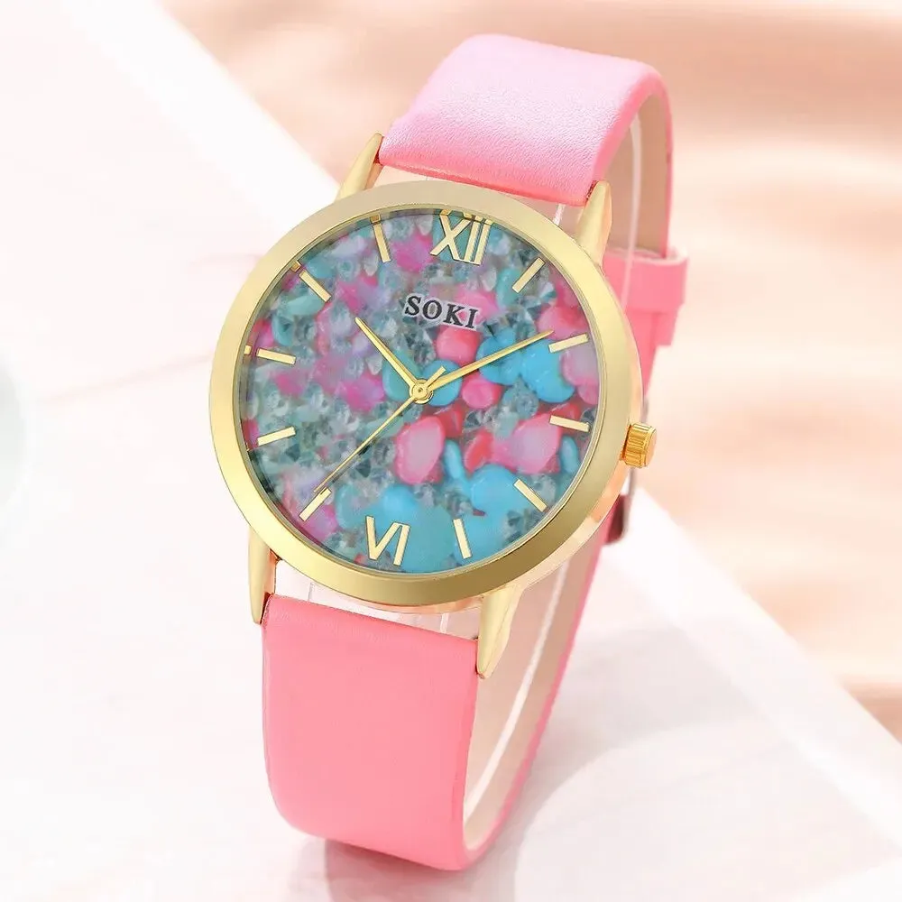 6PCS Set Luxury Watch Women Ring Necklace Earrings Bracelet Watches Set