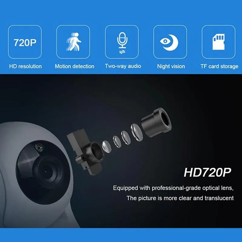 720P Smart Wifi Monitor Camera With 100W Wide Angle Lens Night Vision & Tf Card Expansion