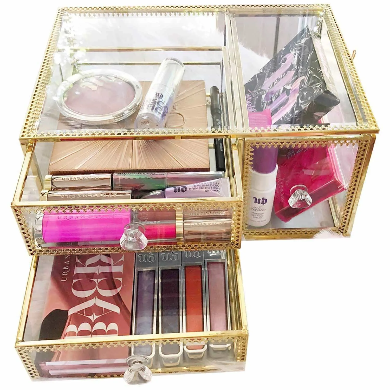 Antique Beauty Display Clear Glass 3Drawers Palette Organizer,Cosmetic Storage, Makeup Container 3Cube Hoder/Beauty Dresser Vanity Cabinet Decorative Keepsake Box