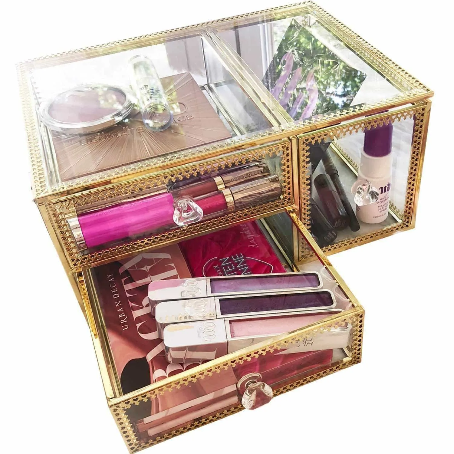 Antique Beauty Display Clear Glass 3Drawers Palette Organizer,Cosmetic Storage, Makeup Container 3Cube Hoder/Beauty Dresser Vanity Cabinet Decorative Keepsake Box