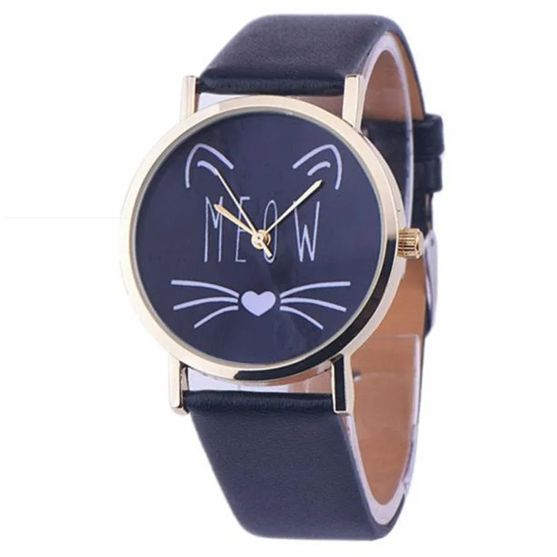 Beautiful Watches New Cartoon Cat Pattern Leather Meow Text Wristwatch For Girls, Women, Gift Accessory