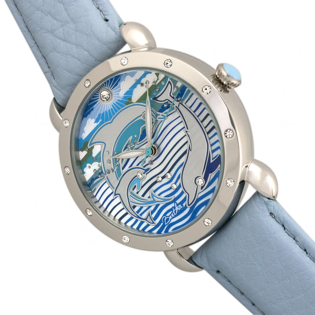 Bertha Estella MOP Leather-Band Ladies Watch - Silver/Powder Blue