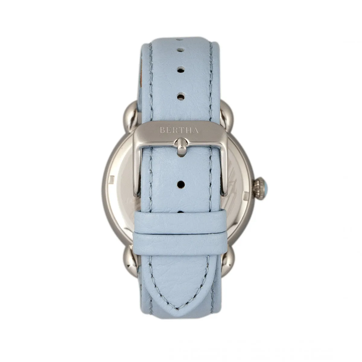 Bertha Estella MOP Leather-Band Ladies Watch - Silver/Powder Blue