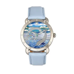 Bertha Estella MOP Leather-Band Ladies Watch - Silver/Powder Blue