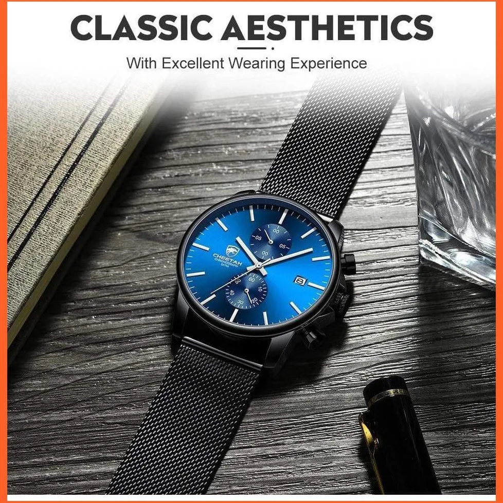 Branded Mens Watch Fashion Business Quartz Wrist Watches | Stainless Steel Mesh Chronograph Casual Wristwatches