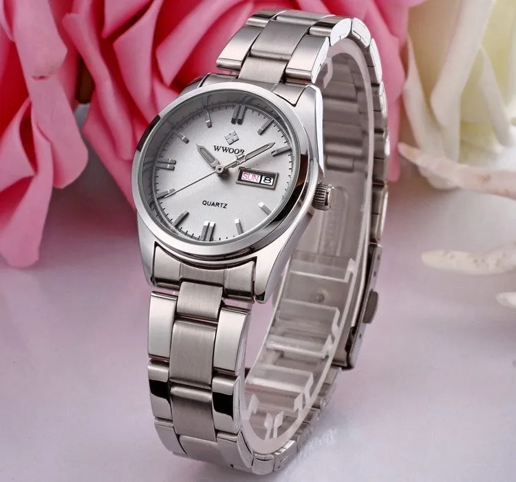 Casual Date Day Clock Stainless Steel Ladies Quartz Watch