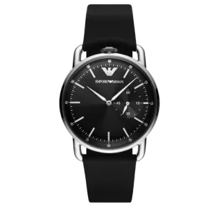 Emporio Armani Black Leather and Steel Analog Watch
