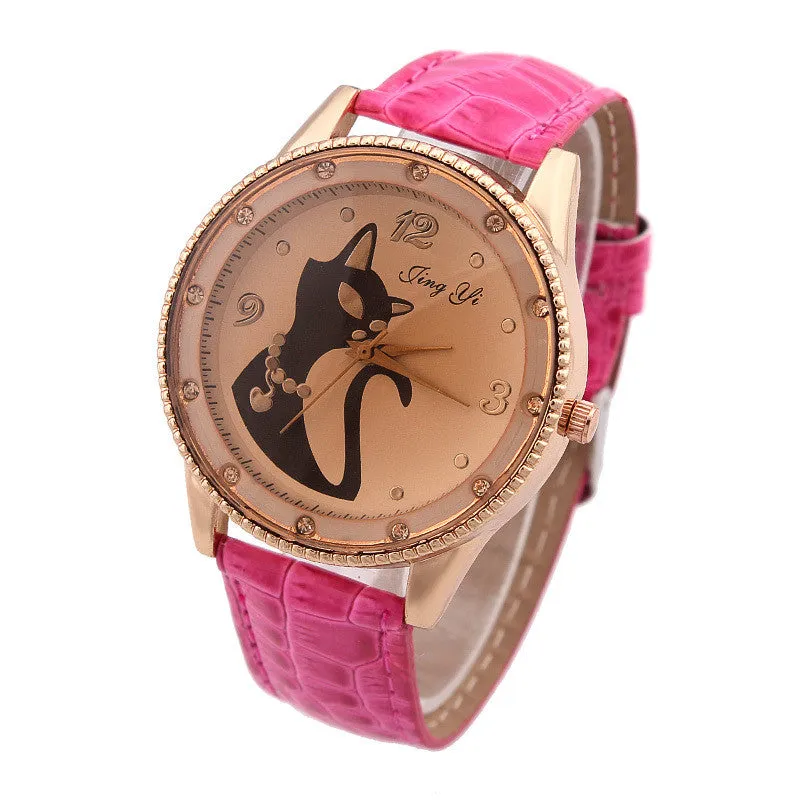 Fashion Ladies Quartz Watch Women Rhinestone Watches Alloy Analog PU Band Kitty Crystal Hour Wristwatches