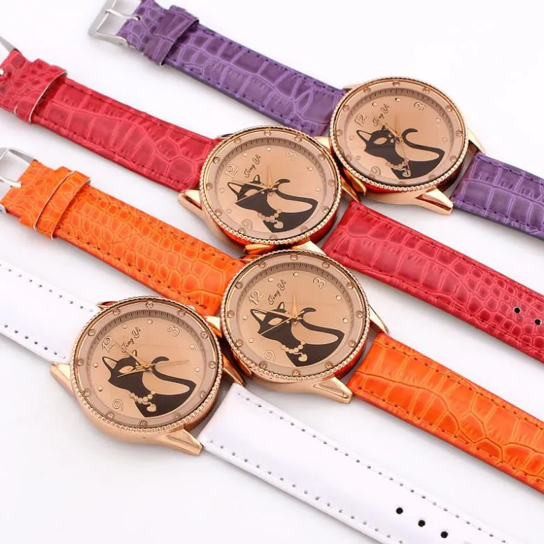 Fashion Ladies Quartz Watch Women Rhinestone Watches Alloy Analog PU Band Kitty Crystal Hour Wristwatches