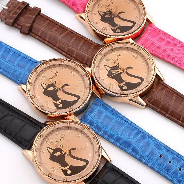 Fashion Ladies Quartz Watch Women Rhinestone Watches Alloy Analog PU Band Kitty Crystal Hour Wristwatches