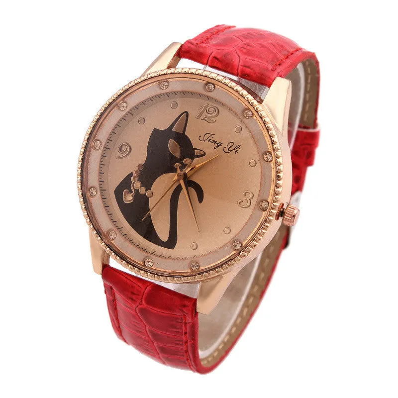 Fashion Ladies Quartz Watch Women Rhinestone Watches Alloy Analog PU Band Kitty Crystal Hour Wristwatches