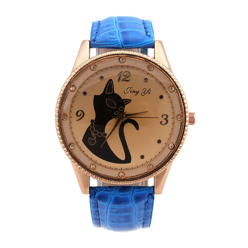 Fashion Ladies Quartz Watch Women Rhinestone Watches Alloy Analog PU Band Kitty Crystal Hour Wristwatches