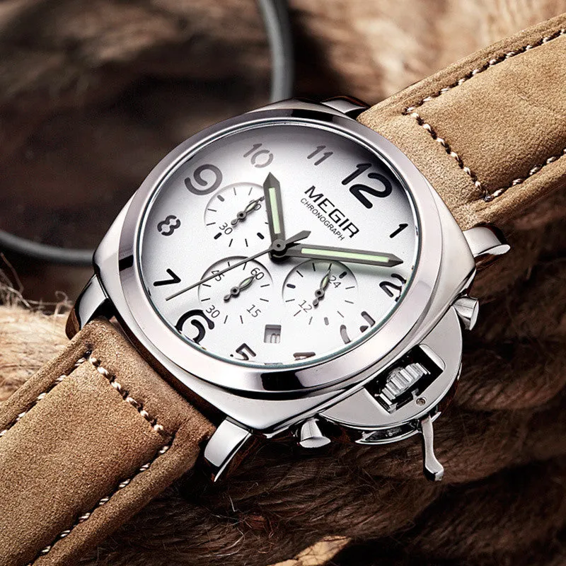Fashion military lumimous quartz watches men analog casual chronograph waterproof leather wristwatch man top brand MEGIR