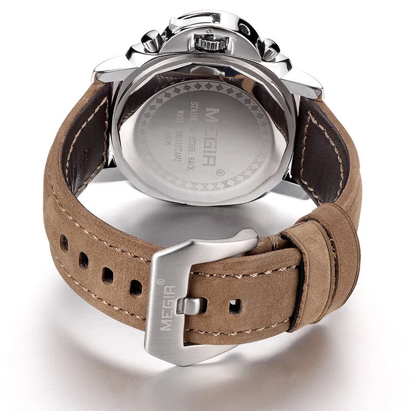 Fashion military lumimous quartz watches men analog casual chronograph waterproof leather wristwatch man top brand MEGIR