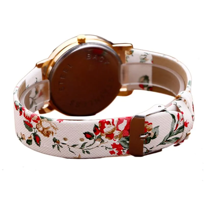 Flower Printed Women Leather Metal Watch New Fashion Colorful High Quality Quartz Wristwatches