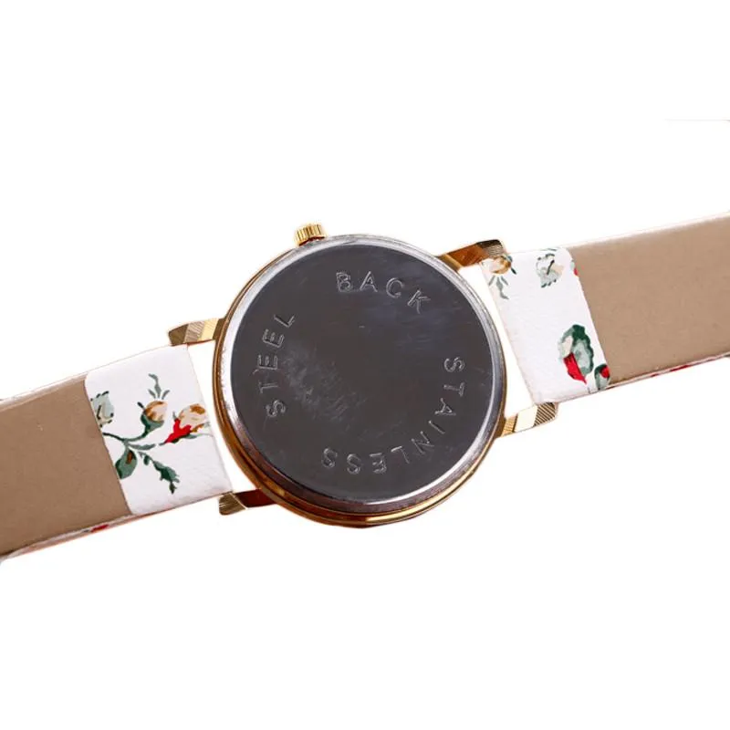 Flower Printed Women Leather Metal Watch New Fashion Colorful High Quality Quartz Wristwatches