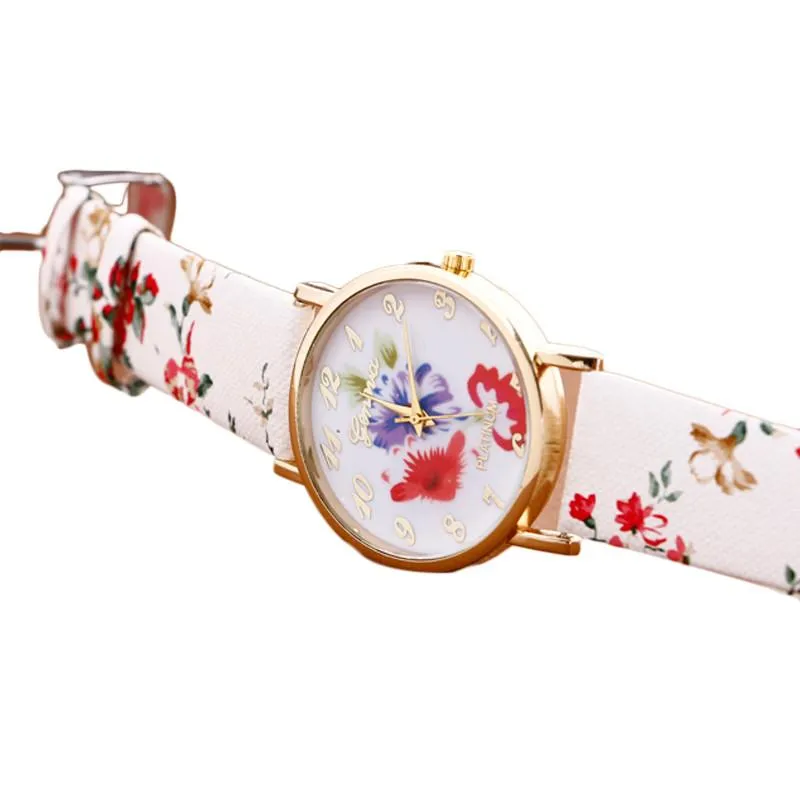 Flower Printed Women Leather Metal Watch New Fashion Colorful High Quality Quartz Wristwatches