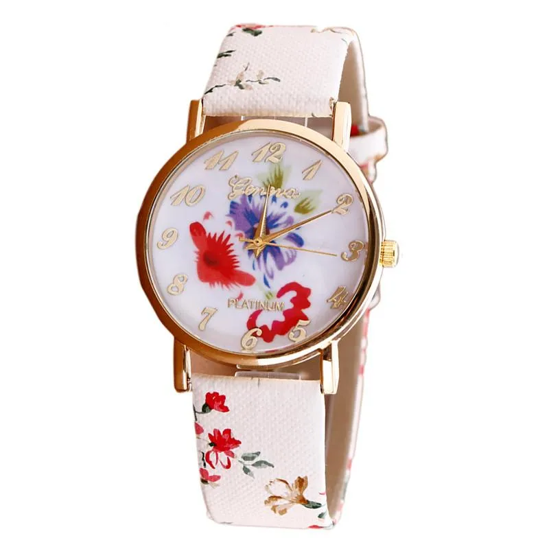 Flower Printed Women Leather Metal Watch New Fashion Colorful High Quality Quartz Wristwatches