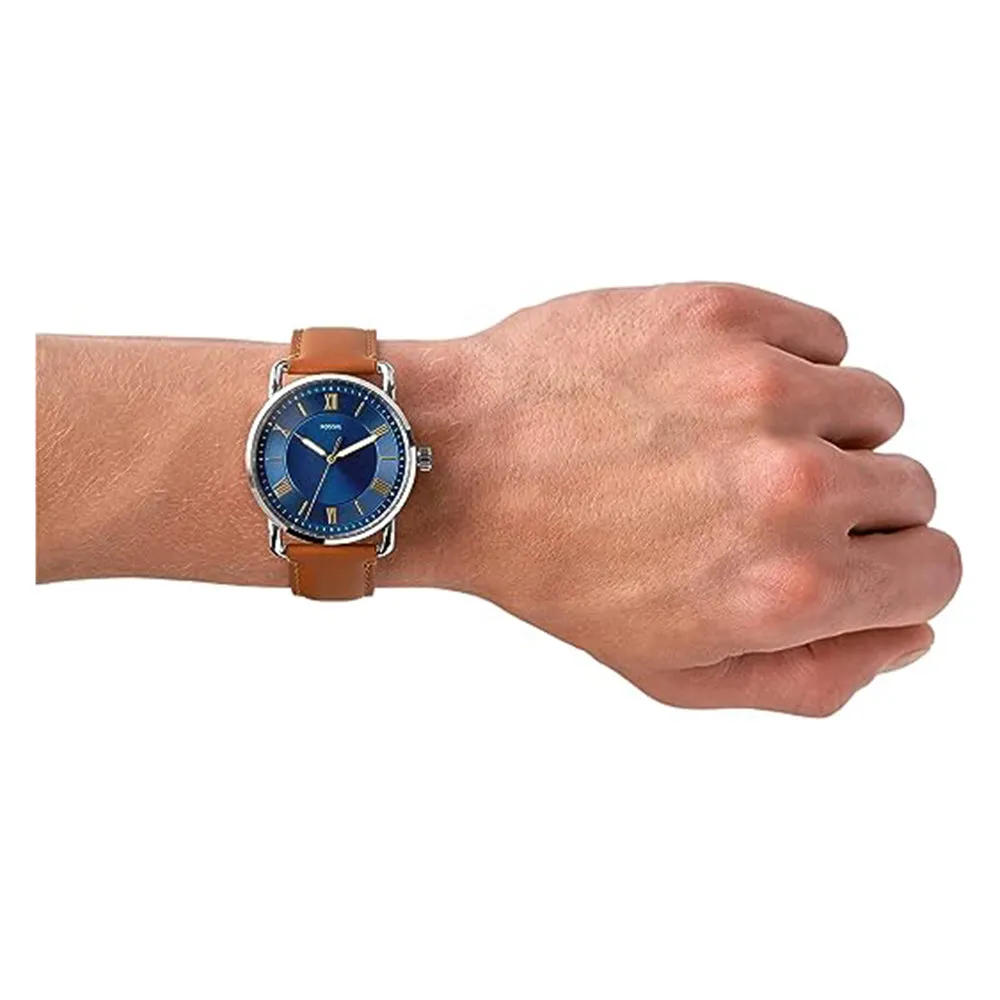 Fossil Men's Blue Dial Brown Genuine Leather Band Analog Quartz Watch - FS5661