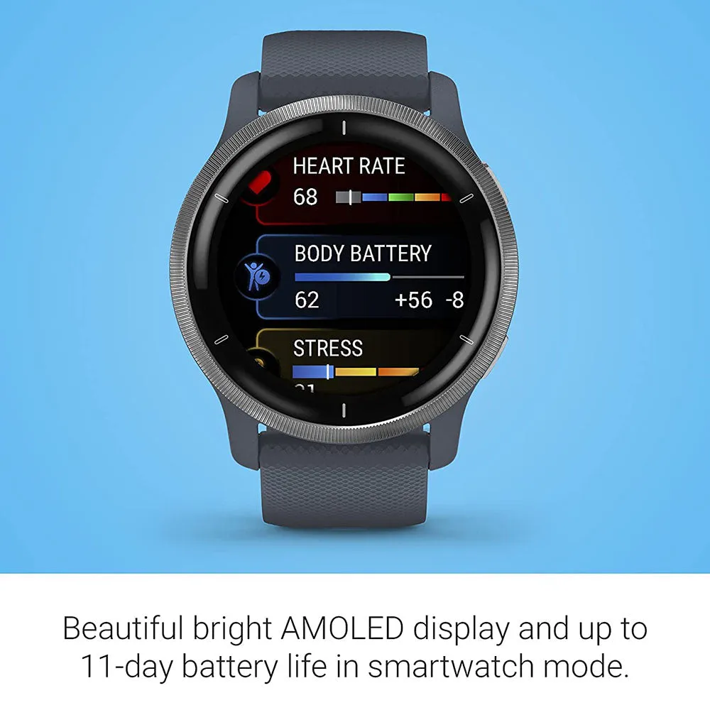 Garmin Venu 2 Silver Stainless Steel Bezel with Granite Blue Case and Silicone Band GPS Smartwatch - 010-02430-00