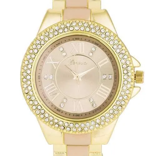Gold Metal Cuff Watch With Crystals - Beige
