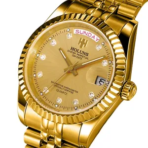 Holuns Men Watches Luxury Top Brand Gold Diamond Role Quartz Calendar Relogio Masculino Wrist Watch Clock