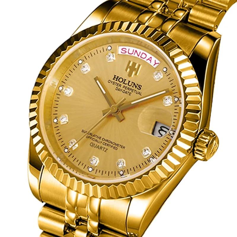 Holuns Men Watches Luxury Top Brand Gold Diamond Role Quartz Calendar Relogio Masculino Wrist Watch Clock