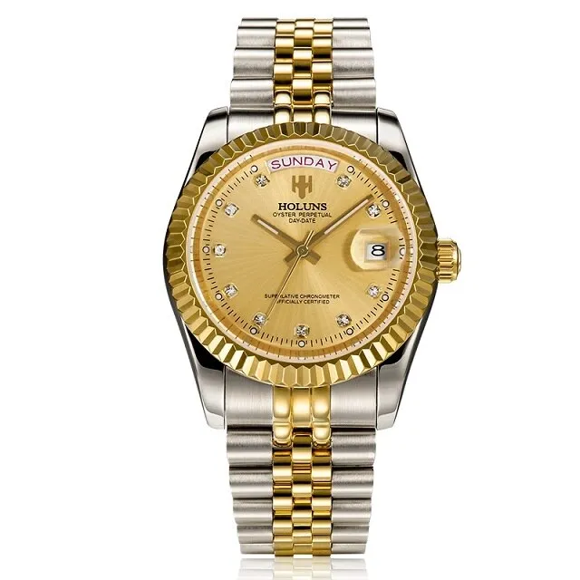 Holuns Men Watches Luxury Top Brand Gold Diamond Role Quartz Calendar Relogio Masculino Wrist Watch Clock