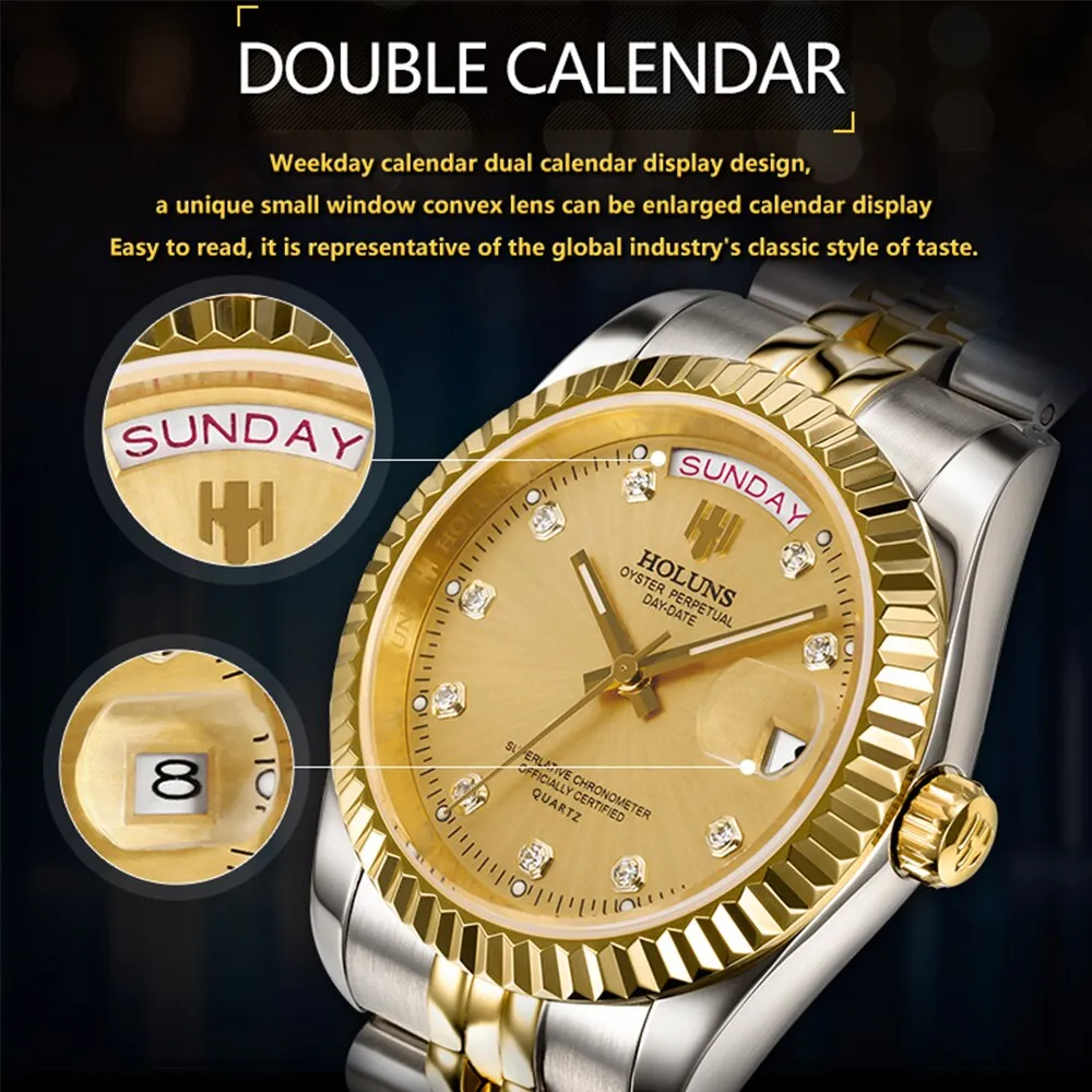 Holuns Men Watches Luxury Top Brand Gold Diamond Role Quartz Calendar Relogio Masculino Wrist Watch Clock