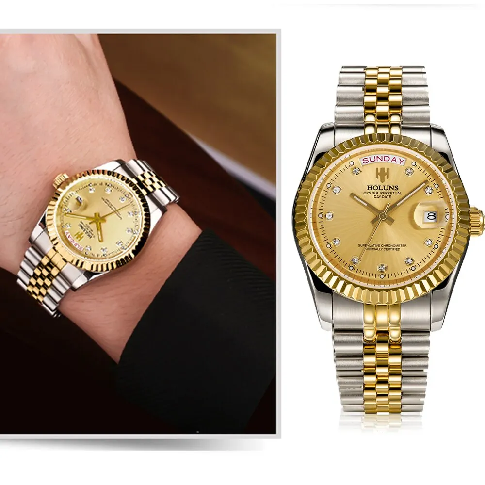 Holuns Men Watches Luxury Top Brand Gold Diamond Role Quartz Calendar Relogio Masculino Wrist Watch Clock