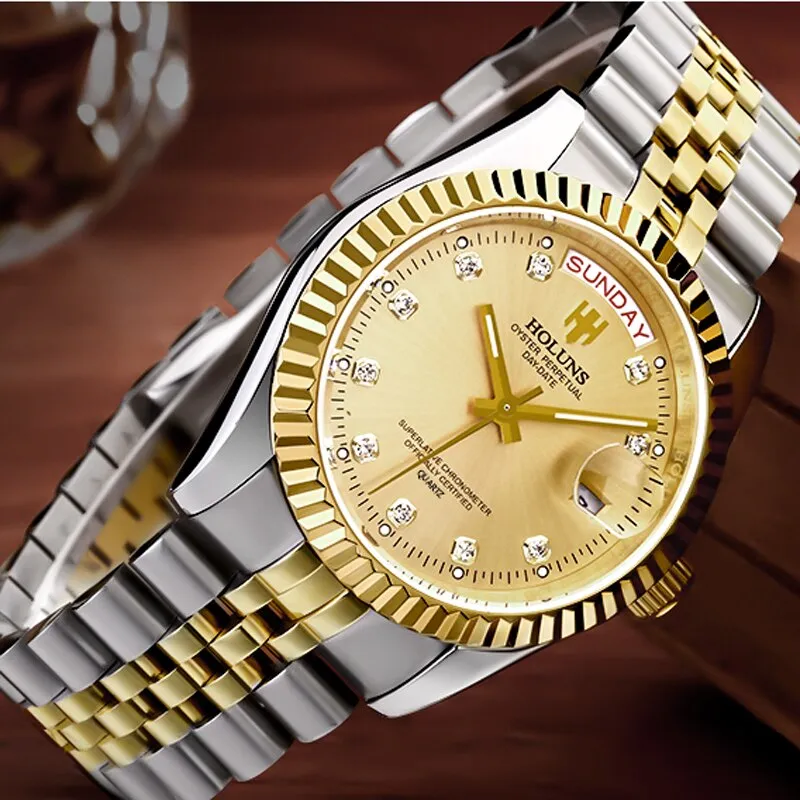 Holuns Men Watches Luxury Top Brand Gold Diamond Role Quartz Calendar Relogio Masculino Wrist Watch Clock