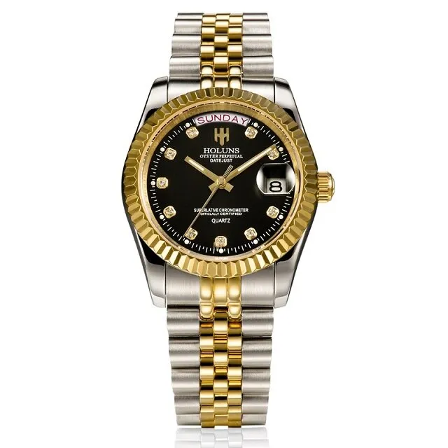 Holuns Men Watches Luxury Top Brand Gold Diamond Role Quartz Calendar Relogio Masculino Wrist Watch Clock