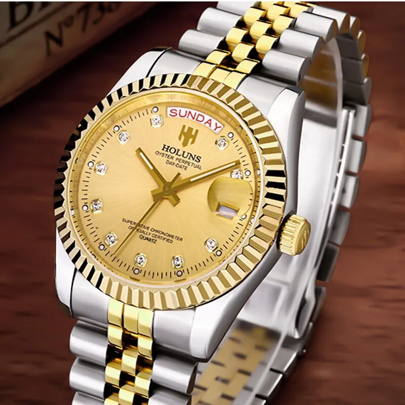 Holuns Men Watches Luxury Top Brand Gold Diamond Role Quartz Calendar Relogio Masculino Wrist Watch Clock