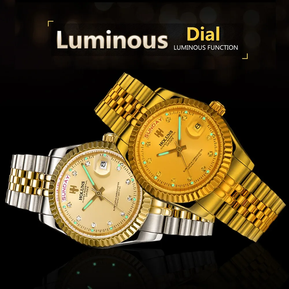 Holuns Men Watches Luxury Top Brand Gold Diamond Role Quartz Calendar Relogio Masculino Wrist Watch Clock