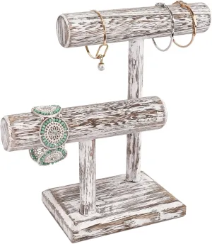 Ikee Design 2 Tier Wooden Jewelry Bracelet Watch Display Tower, Bangle Scrunchie Necklace Holder Storage Stand, 7.9 W x 4.3 D x 9.4 H in, Antique White Color